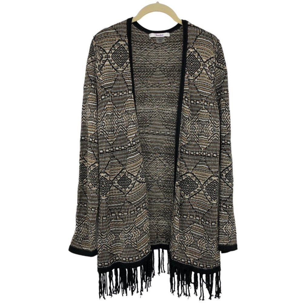 TanJay  Tan / Brown Abstract Print Open Cardigan Fringe hem size M